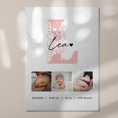 Fotoboard Poster Magnetisch zur Geburt Baby Fotocollage mit Geburtsdaten Initial Lines Elegance Muster 7