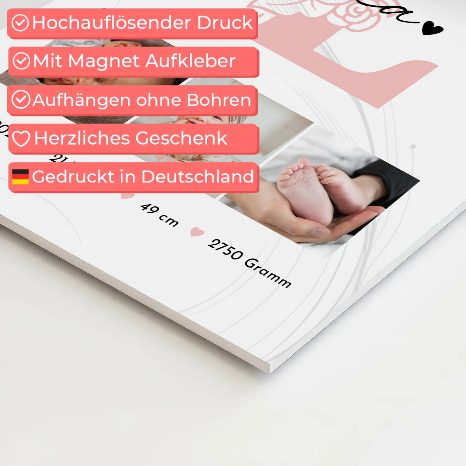 Fotoboard Poster Magnetisch zur Geburt Baby Fotocollage mit Geburtsdaten Initial Lines Elegance Muster 10