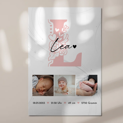 Fotoboard Poster Magnetisch zur Geburt Baby Fotocollage mit Geburtsdaten Initial Lines Elegance Muster