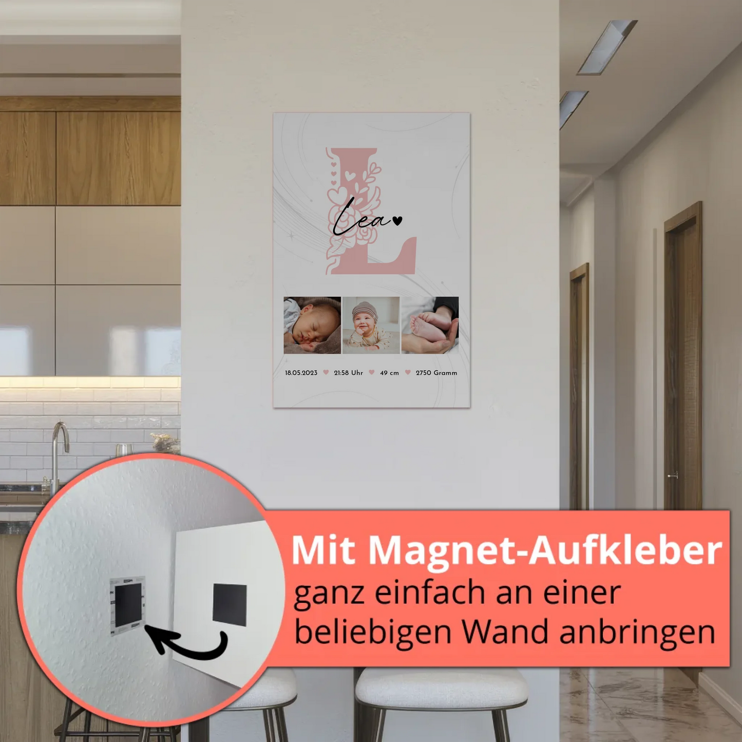Fotoboard Poster Magnetisch zur Geburt Baby Fotocollage mit Geburtsdaten Initial Lines Elegance Muster