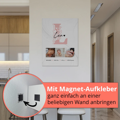 Fotoboard Poster Magnetisch zur Geburt Baby Fotocollage mit Geburtsdaten Initial Lines Elegance Muster