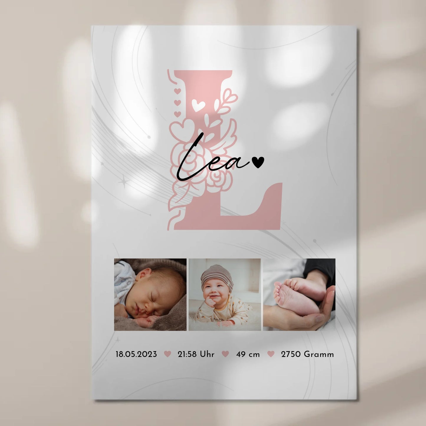 Fotoboard Poster Magnetisch zur Geburt Baby Fotocollage mit Geburtsdaten Initial Lines Elegance Muster