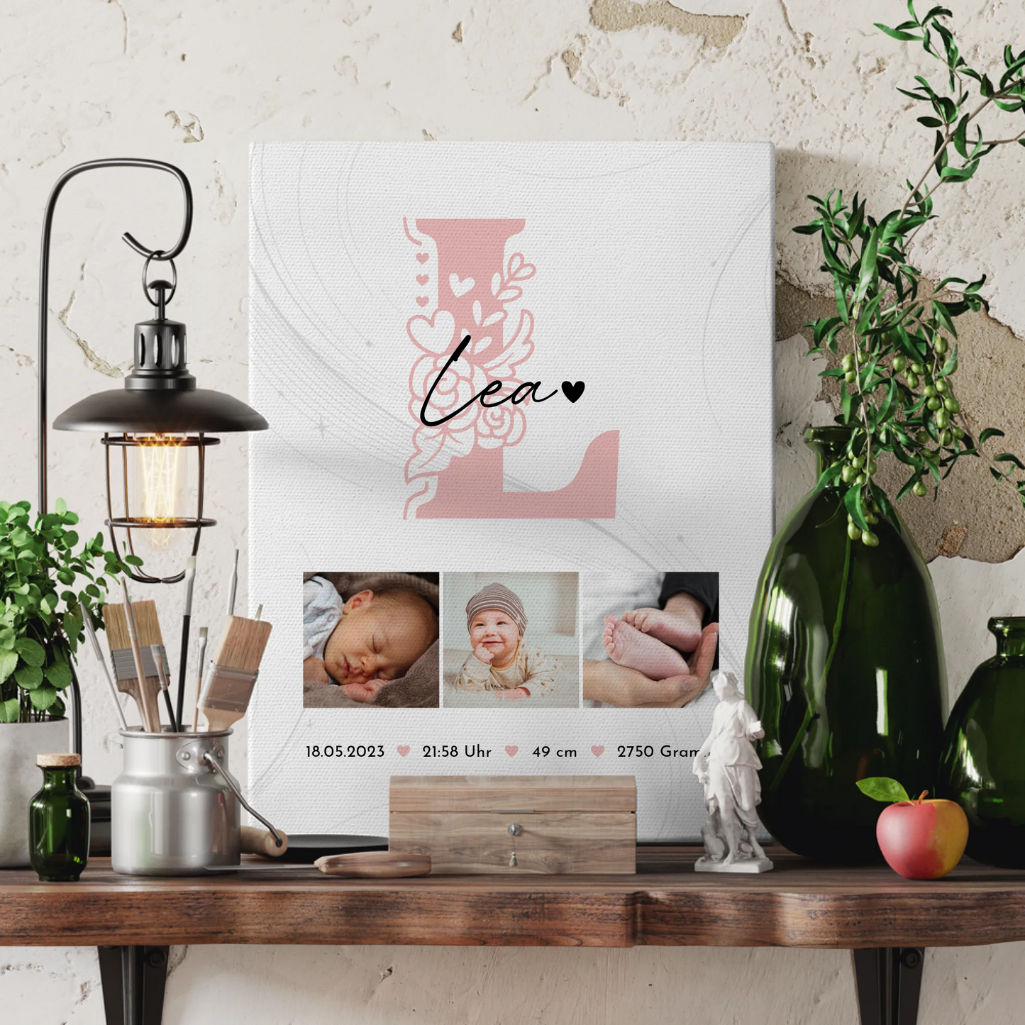 Personalisierte Leinwand zur Geburt Baby Fotocollage mit Geburtsdaten Initial Lines Elegance Muster 3