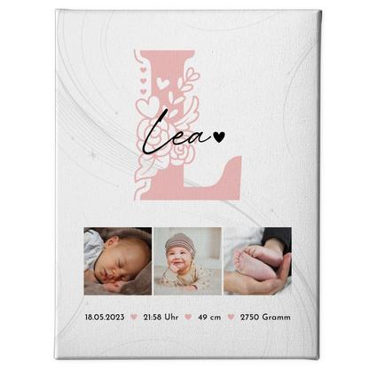 Personalisierte Leinwand zur Geburt Baby Fotocollage mit Geburtsdaten Initial Lines Elegance Muster 1