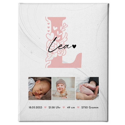 Personalisierte Leinwand zur Geburt Baby Fotocollage mit Geburtsdaten Initial Lines Elegance Muster 1