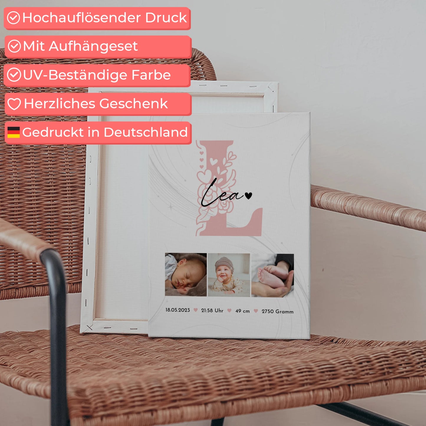 Personalisierte Leinwand zur Geburt Baby Fotocollage mit Geburtsdaten Initial Lines Elegance Muster 5