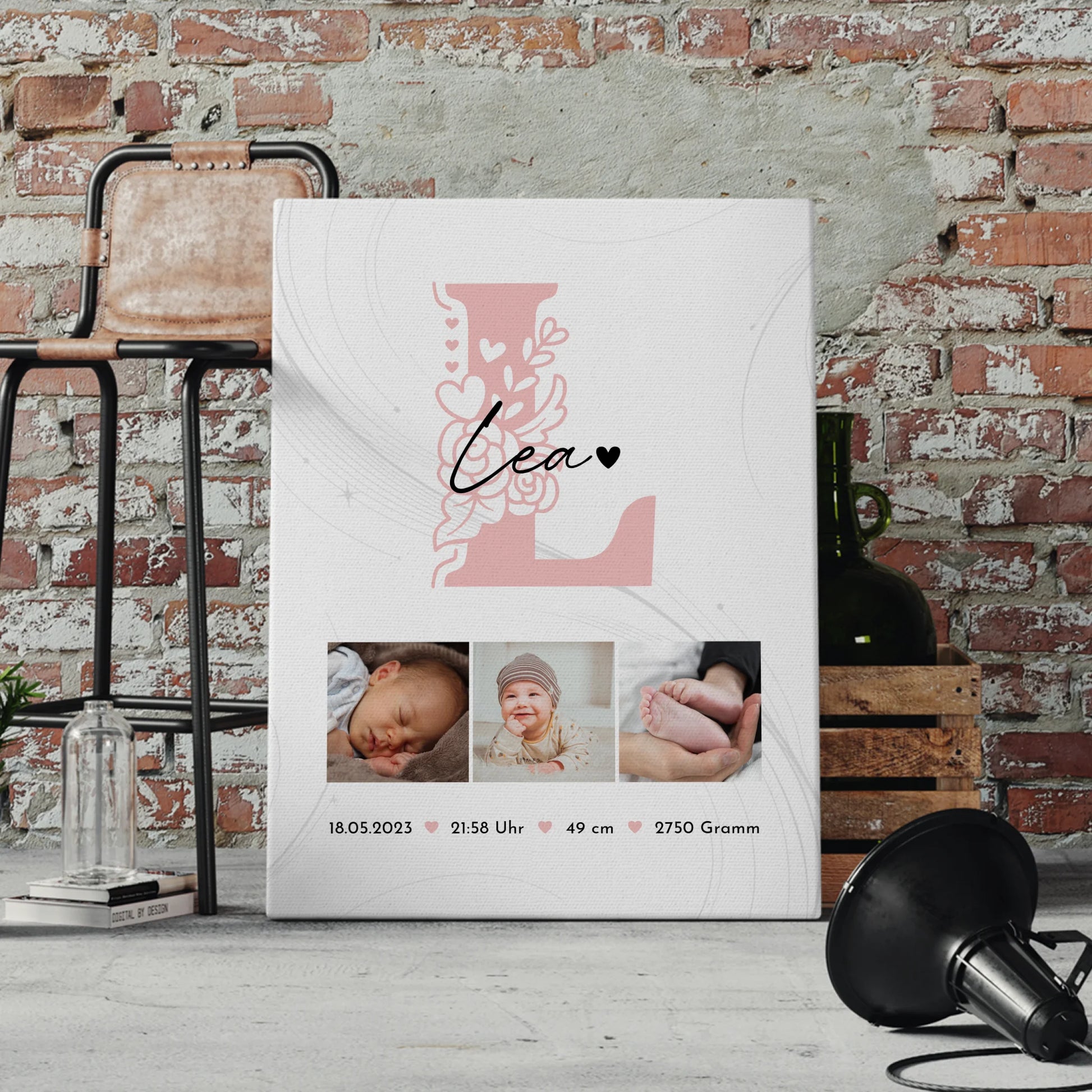 Personalisierte Leinwand zur Geburt Baby Fotocollage mit Geburtsdaten Initial Lines Elegance Muster 4