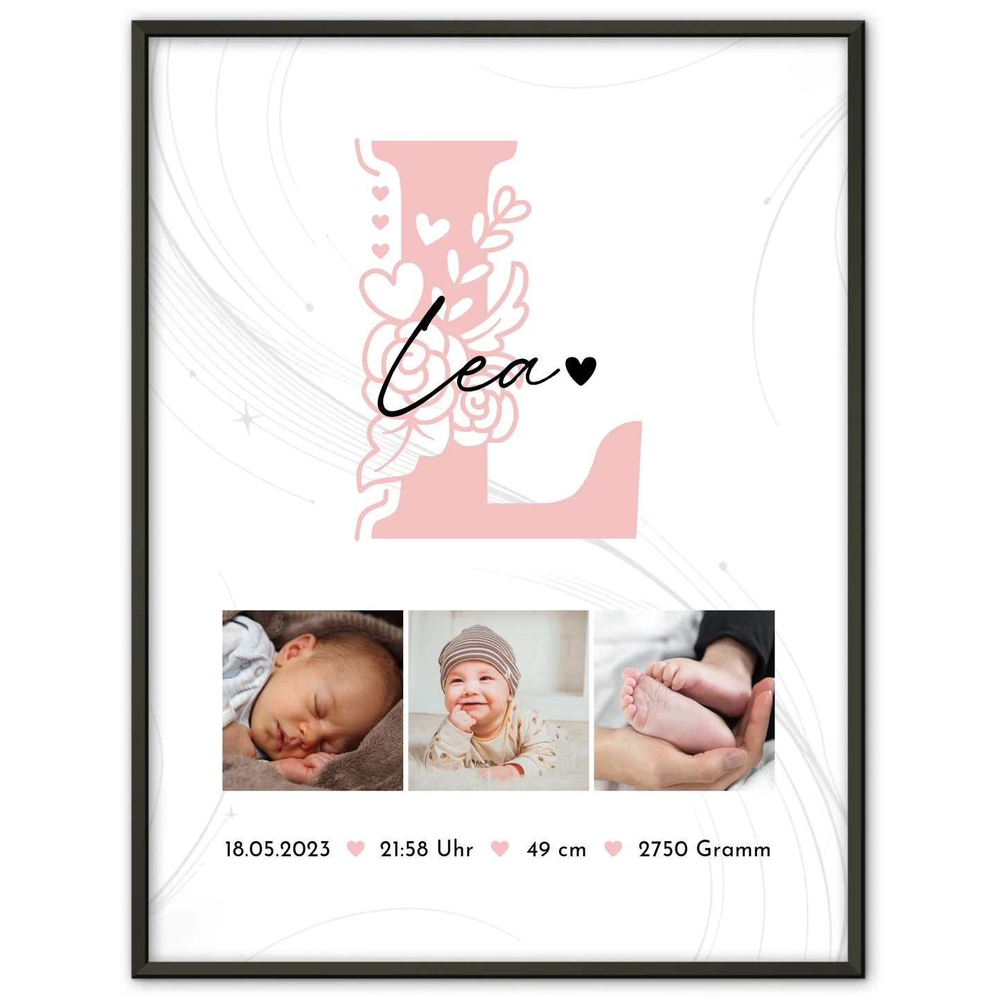 Poster Mit Geburtsdaten Baby Fotocollage Initial Lines Elegance Muster zur Geburt Geschenk 1