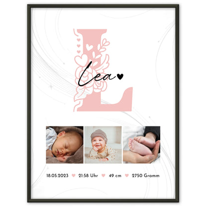 Poster Mit Geburtsdaten Baby Fotocollage Initial Lines Elegance Muster zur Geburt Geschenk 1