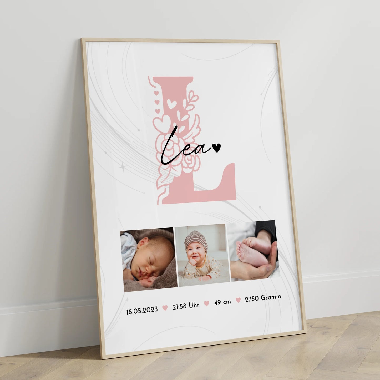 Poster Mit Geburtsdaten Baby Fotocollage Initial Lines Elegance Muster zur Geburt Geschenk 3
