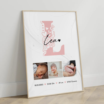 Poster Mit Geburtsdaten Baby Fotocollage Initial Lines Elegance Muster zur Geburt Geschenk 3