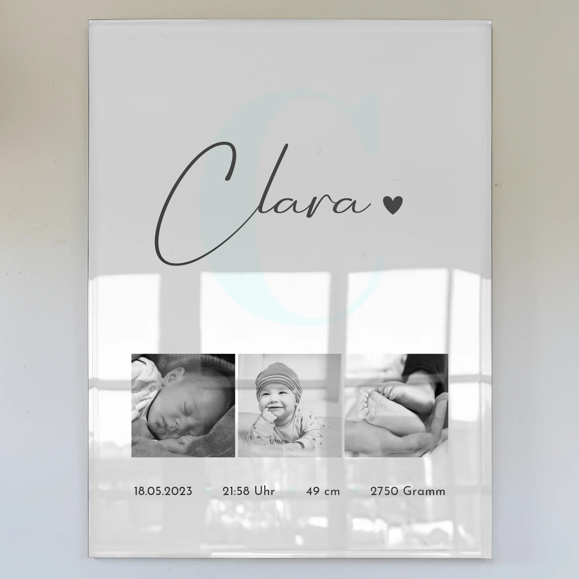 Foto Acrylglas zur Geburt mit Baby Geburtsdaten und Fotos Black and White personalisiert 1