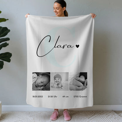 Personalisierte Babydecke Mit Namen Geburt Baby Geburtsdaten Fotos Black and White Design 1