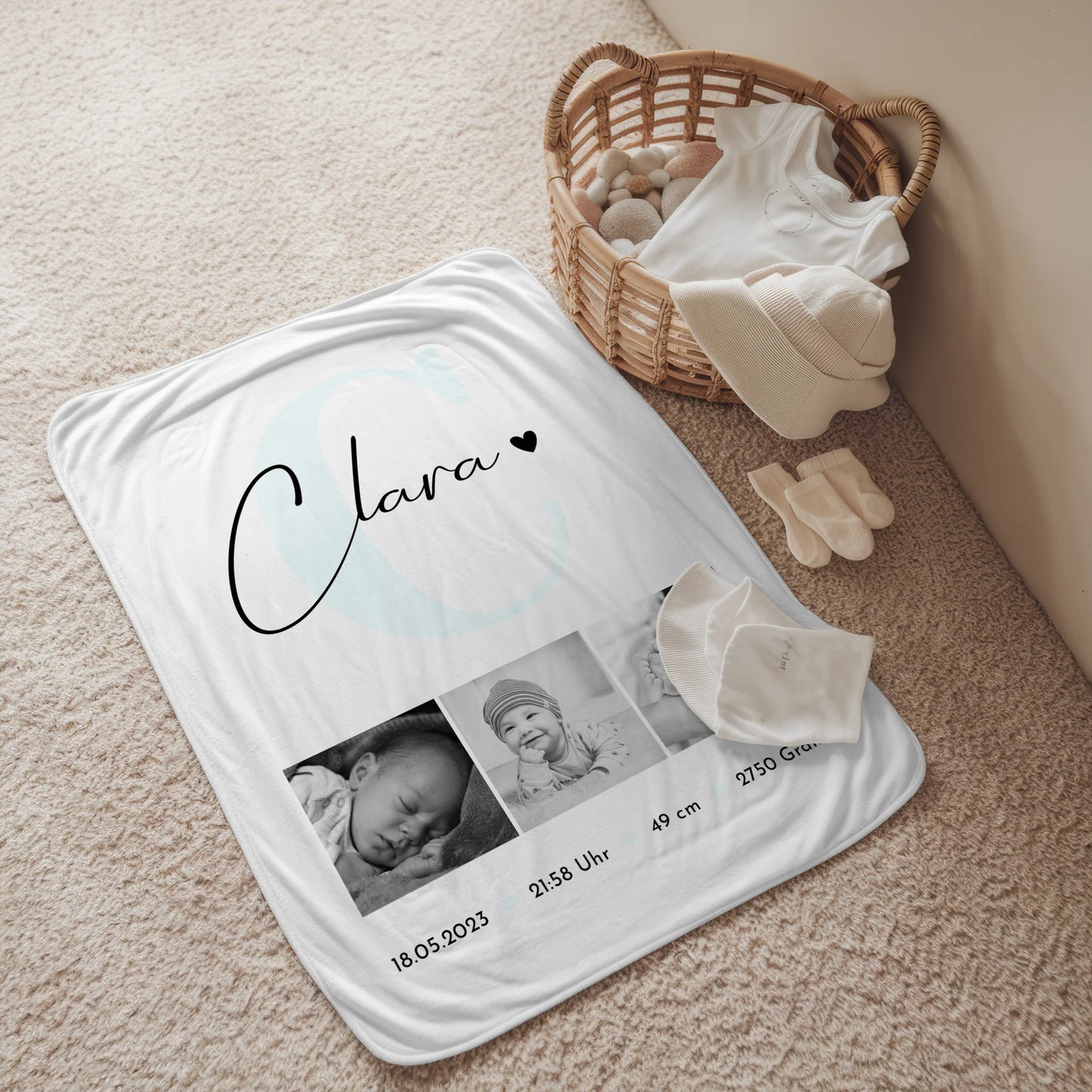 Personalisierte Babydecke Mit Namen Geburt Baby Geburtsdaten Fotos Black and White Design 2