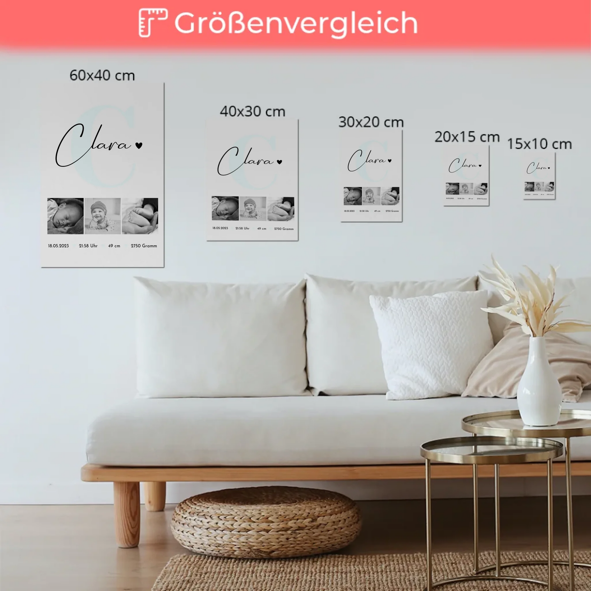 Magnetposter Fotoboard zur Geburt mit Baby-Geburtsdaten & Fotos, Black & White 6