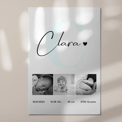 Magnetposter Fotoboard zur Geburt mit Baby-Geburtsdaten & Fotos, Black & White 1