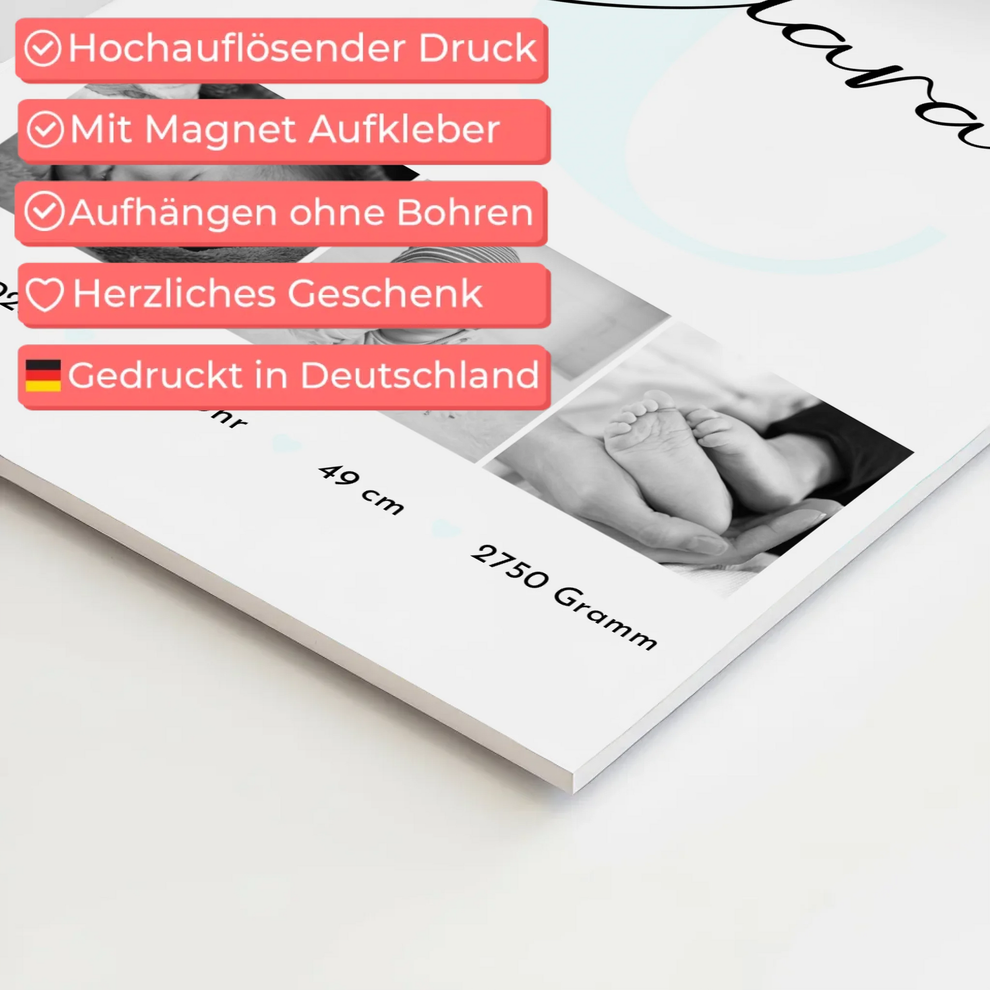 Magnetposter Fotoboard zur Geburt mit Baby-Geburtsdaten & Fotos, Black & White 4