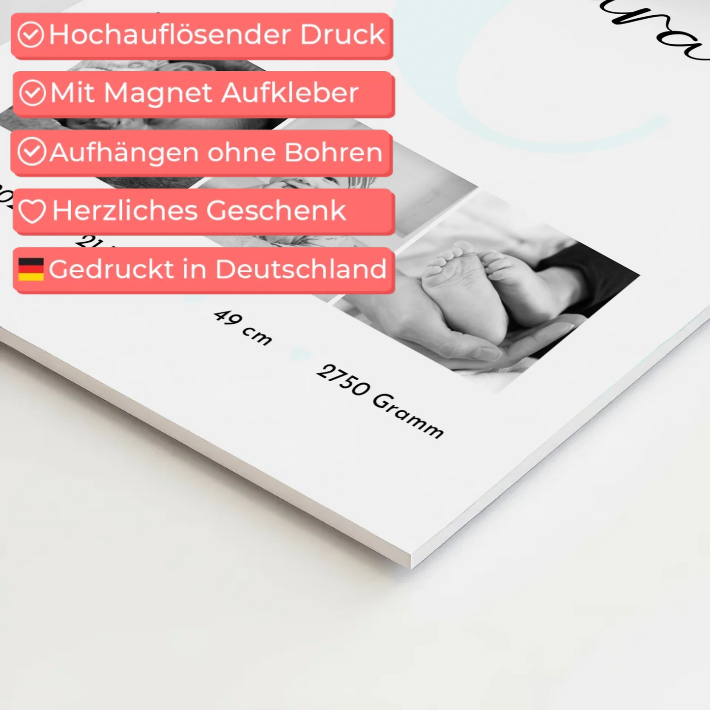 Magnetposter Fotoboard zur Geburt mit Baby-Geburtsdaten & Fotos, Black & White 10