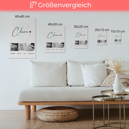 Magnetposter Fotoboard zur Geburt mit Baby-Geburtsdaten & Fotos, Black & White