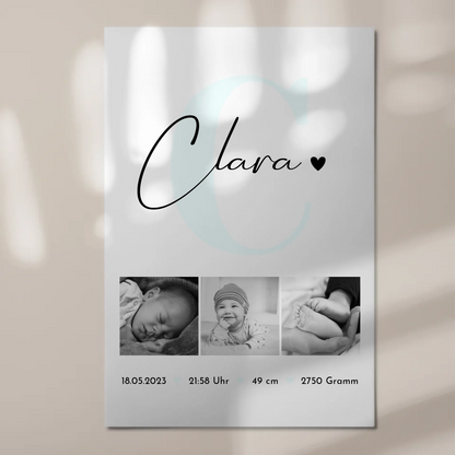 Magnetposter Fotoboard zur Geburt mit Baby-Geburtsdaten & Fotos, Black & White