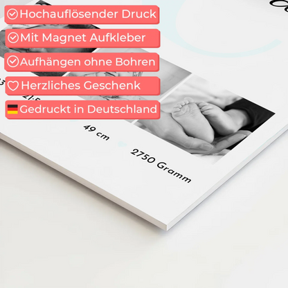 Magnetposter Fotoboard zur Geburt mit Baby-Geburtsdaten & Fotos, Black & White