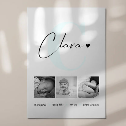 Magnetposter Fotoboard zur Geburt mit Baby-Geburtsdaten & Fotos, Black & White