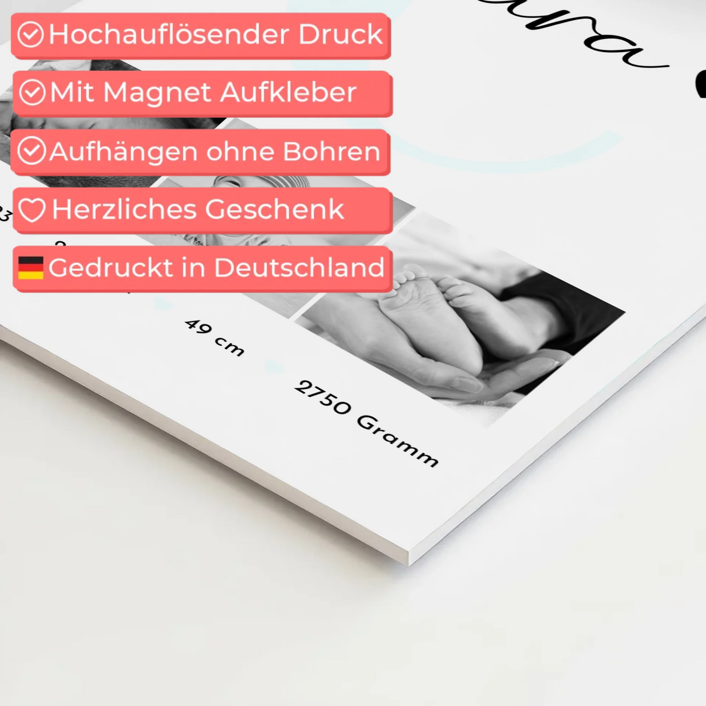 Magnetposter Fotoboard zur Geburt mit Baby-Geburtsdaten & Fotos, Black & White