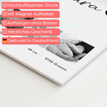 Magnetposter Fotoboard zur Geburt mit Baby-Geburtsdaten & Fotos, Black & White