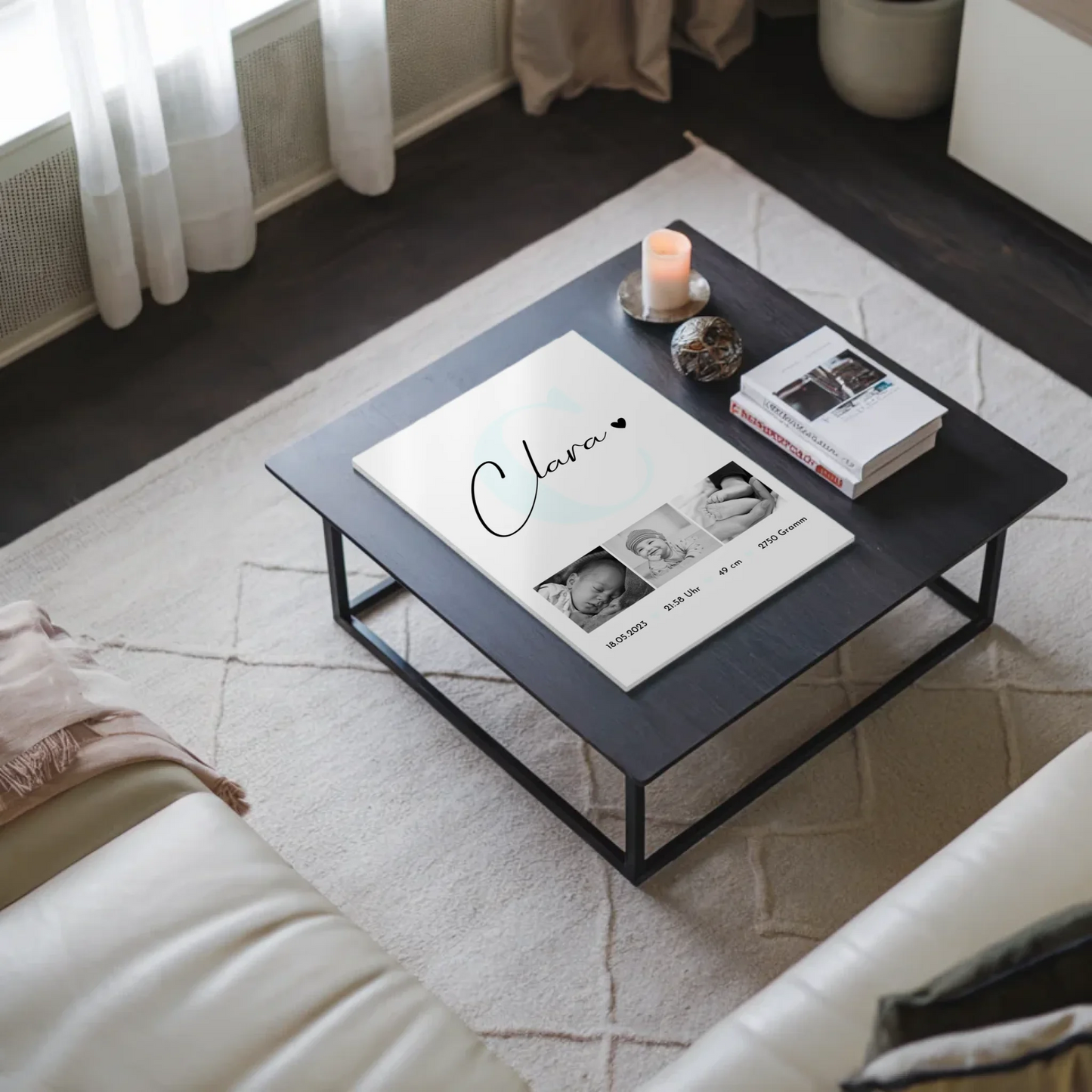 Magnetposter Fotoboard zur Geburt mit Baby-Geburtsdaten & Fotos, Black & White