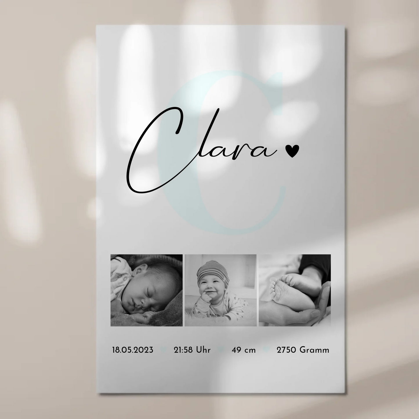 Magnetposter Fotoboard zur Geburt mit Baby-Geburtsdaten & Fotos, Black & White