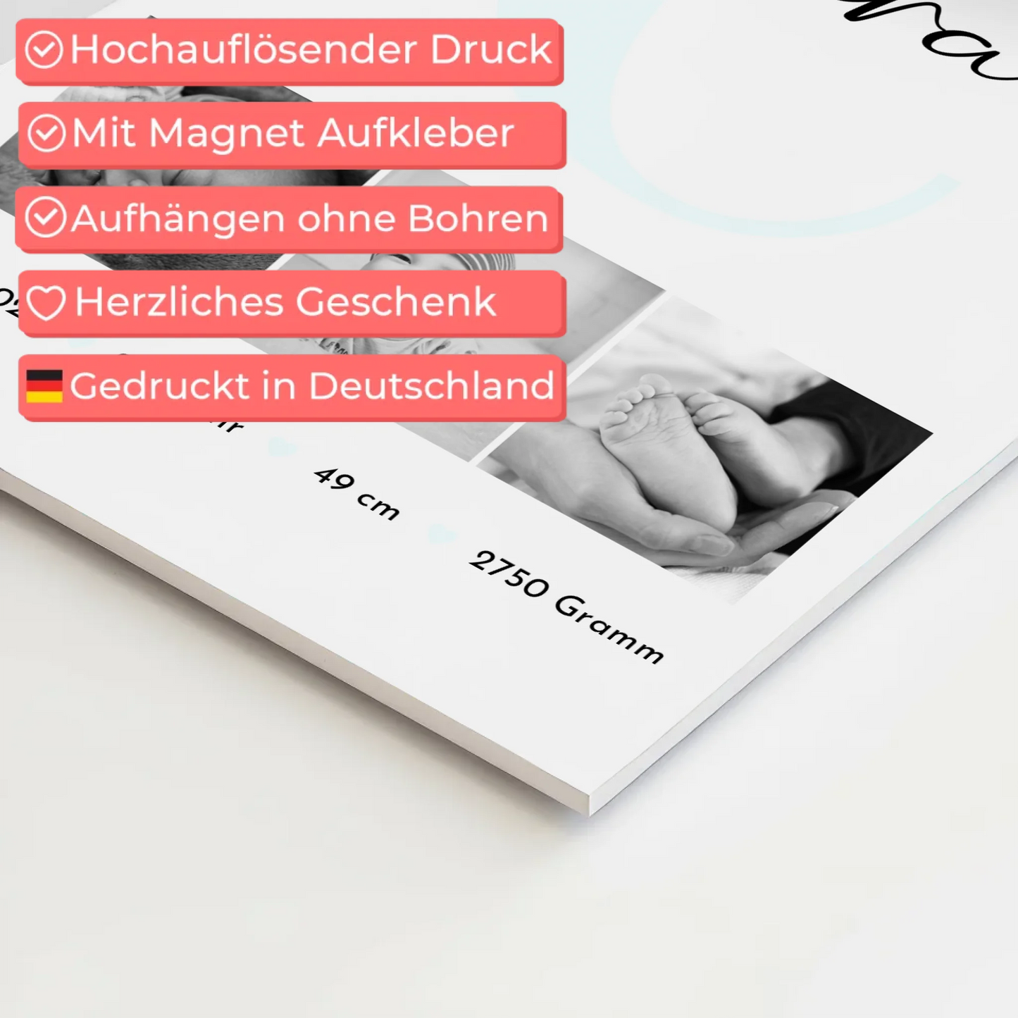 Magnetposter Fotoboard zur Geburt mit Baby-Geburtsdaten & Fotos, Black & White