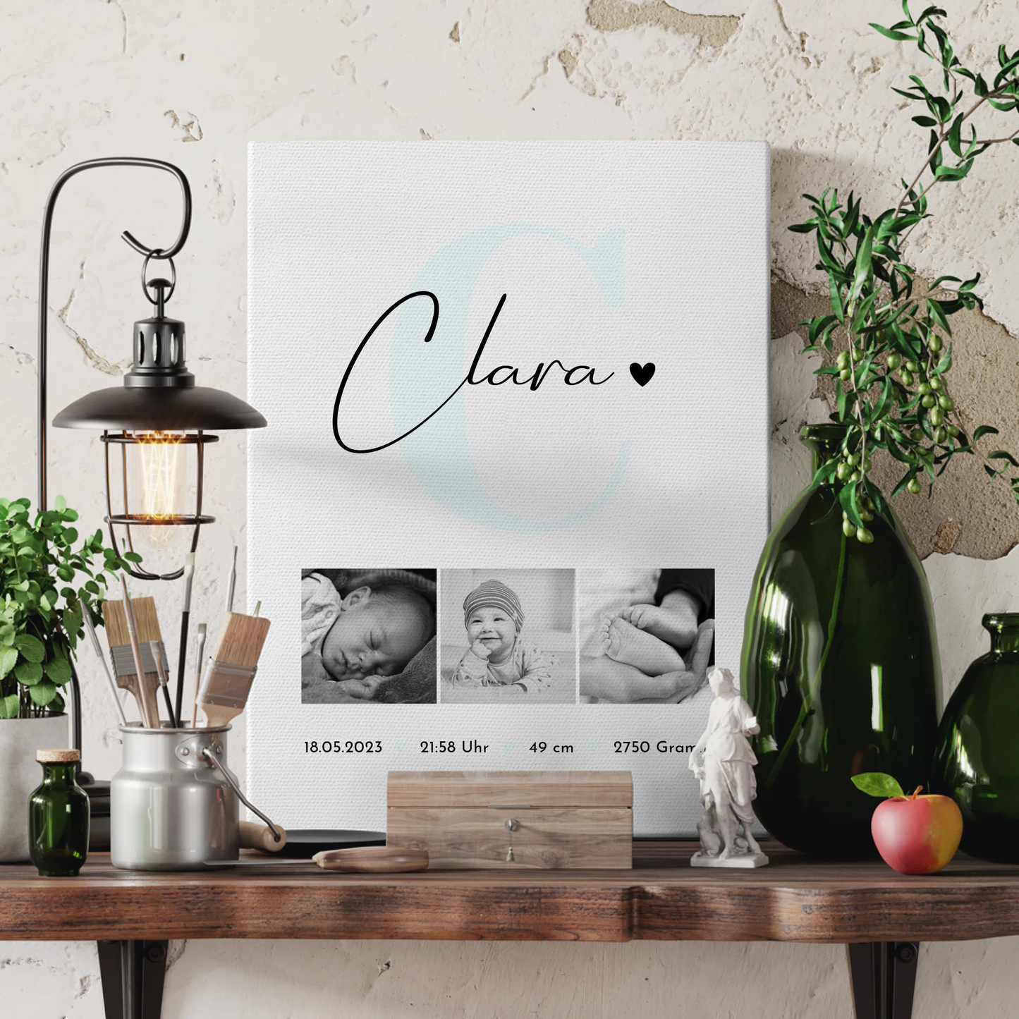 Personalisierte Leinwand zur Geburt mit Geburtsdaten & Fotos - Black & White Design 3