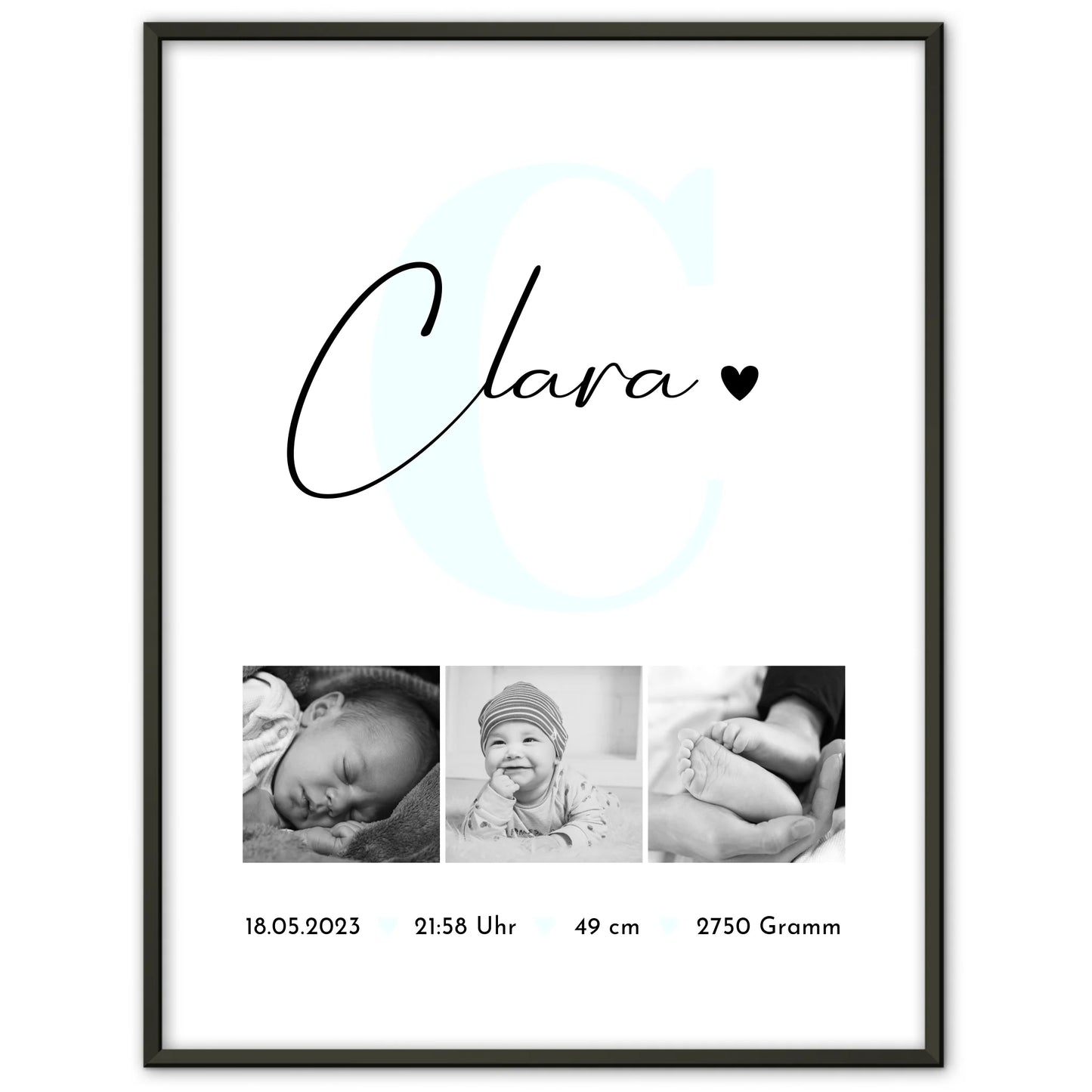 Poster Mit Geburtsdaten Geburt Baby personalisiert mit Fotos Black and White Design 1