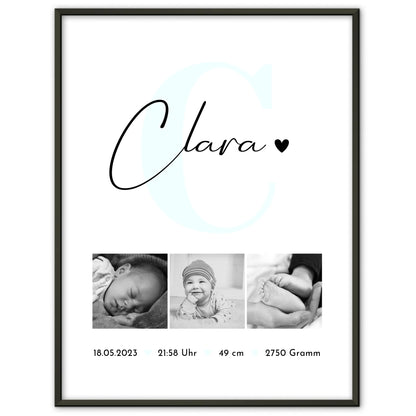 Poster Mit Geburtsdaten Geburt Baby personalisiert mit Fotos Black and White Design 1