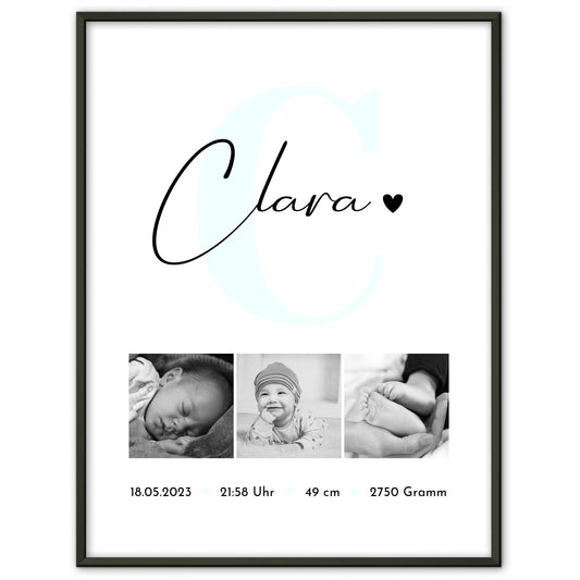 Poster Mit Geburtsdaten Geburt Baby personalisiert mit Fotos Black and White Design 1
