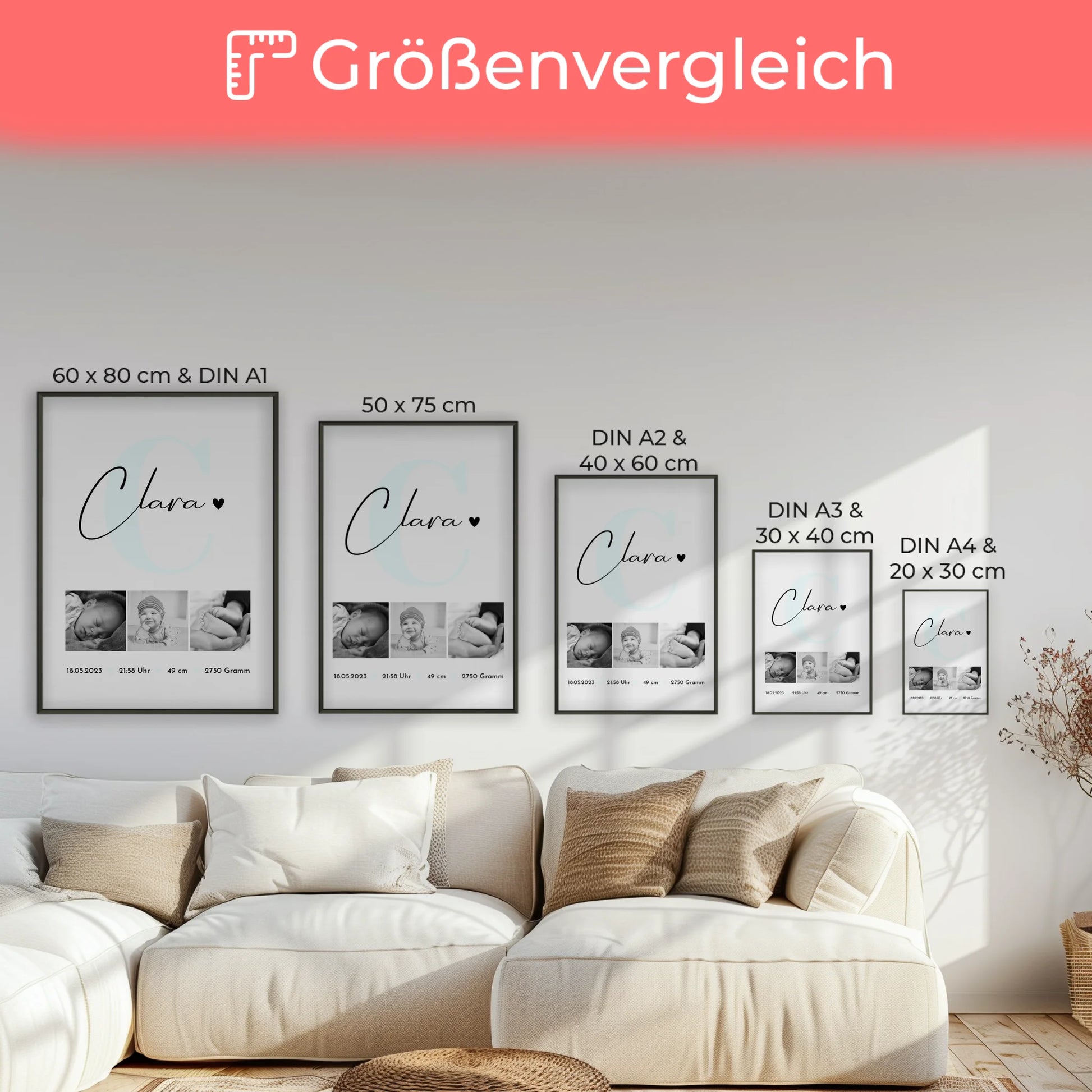 Poster Mit Geburtsdaten Geburt Baby personalisiert mit Fotos Black and White Design 7