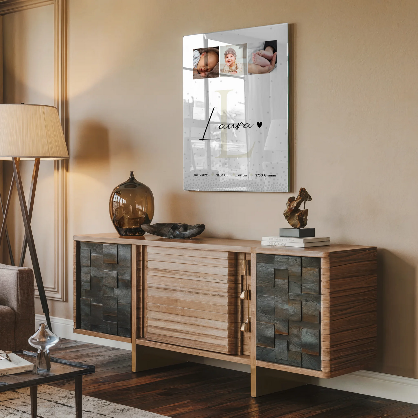 Baby-Fotocollage zur Geburt aus Acrylglas mit Geburtsdaten im Magic-Rain-Muster 2