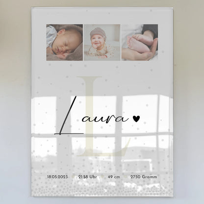 Baby-Fotocollage zur Geburt aus Acrylglas mit Geburtsdaten im Magic-Rain-Muster 1