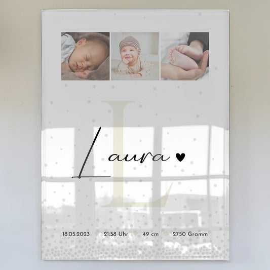 Baby-Fotocollage zur Geburt aus Acrylglas mit Geburtsdaten im Magic-Rain-Muster 1