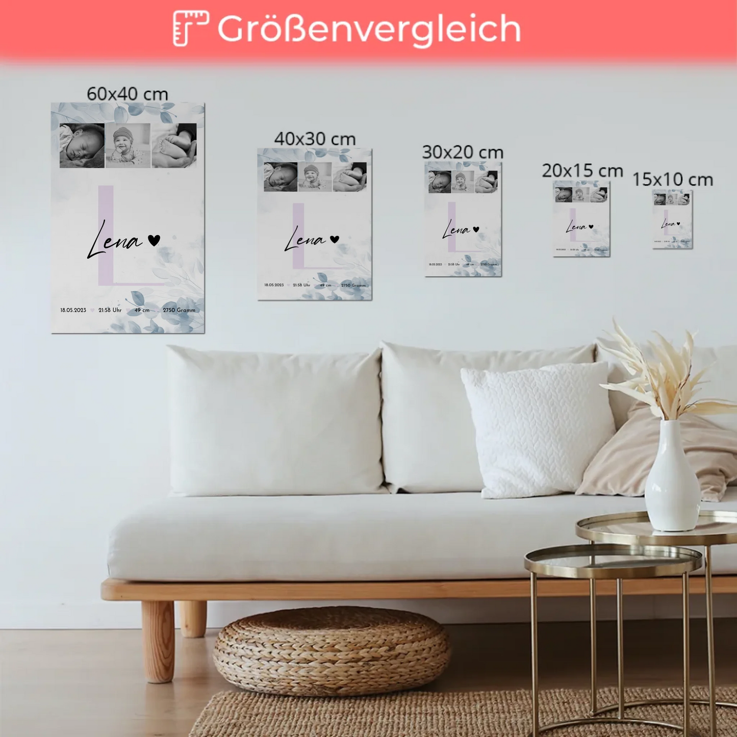 Fotoboard Magnet Poster Geburt Baby 5 Fotos Geburtsdaten Black and White