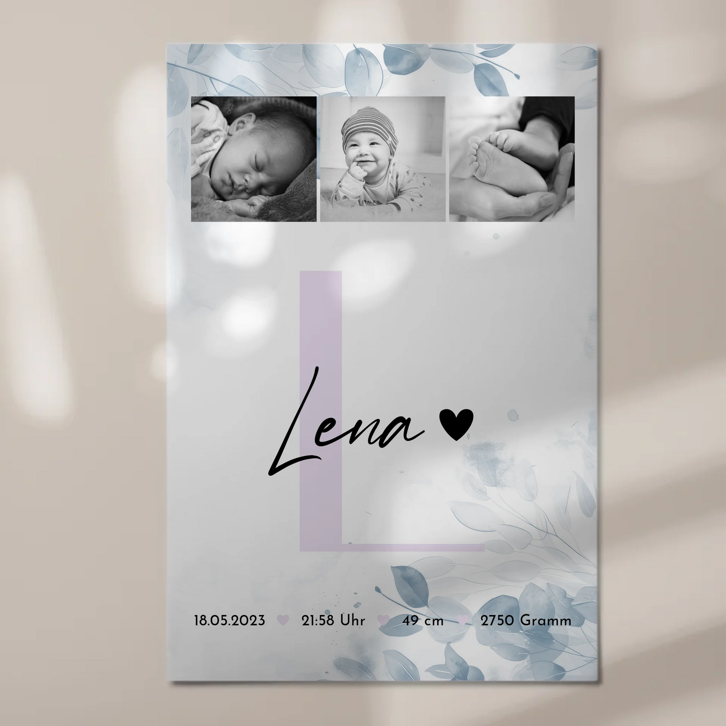 Fotoboard Magnet Poster Geburt Baby 5 Fotos Geburtsdaten Black and White