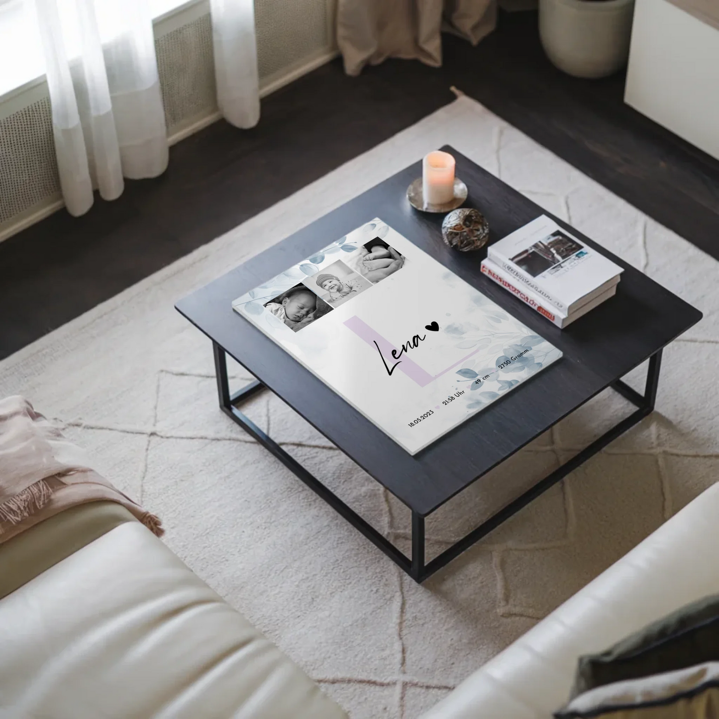 Fotoboard Magnet Poster Geburt Baby 5 Fotos Geburtsdaten Black and White