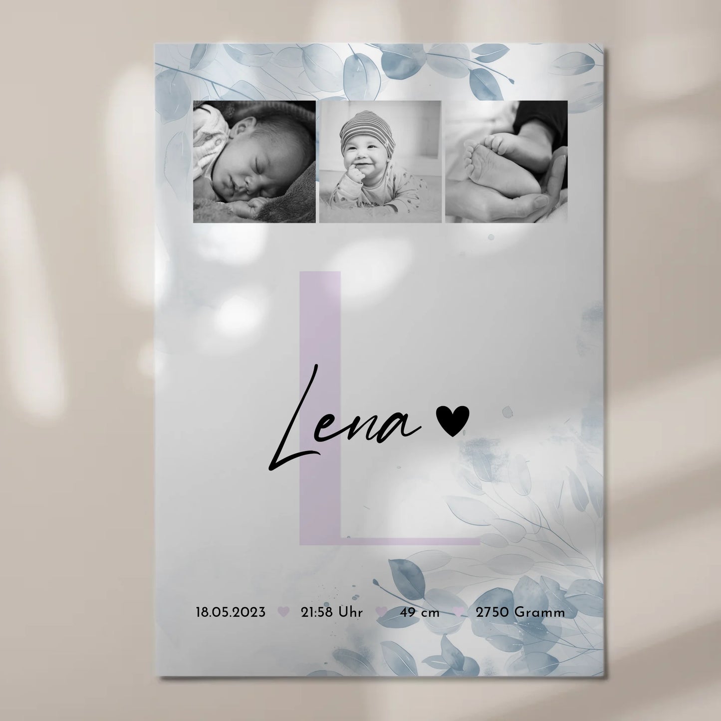 Fotoboard Magnet Poster Geburt Baby 5 Fotos Geburtsdaten Black and White