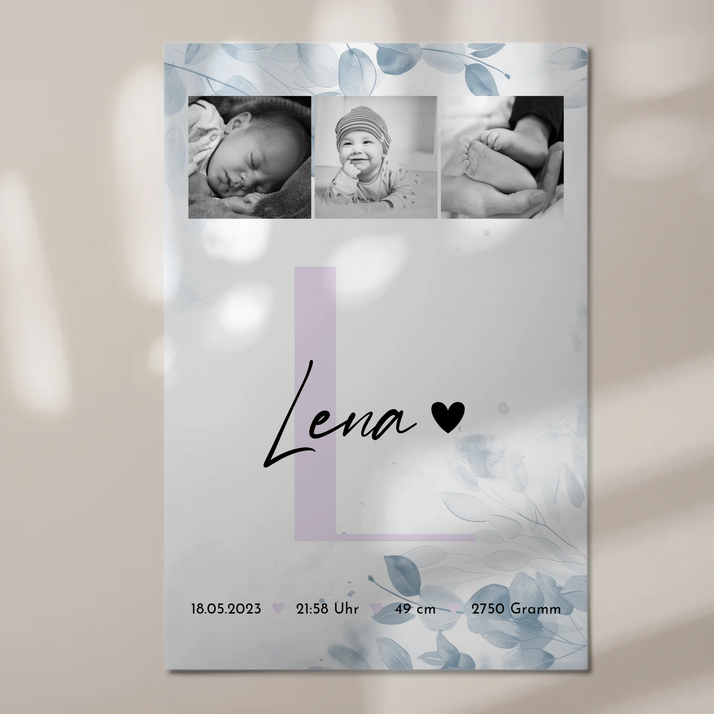 Fotoboard Magnet Poster Geburt Baby 5 Fotos Geburtsdaten Black and White