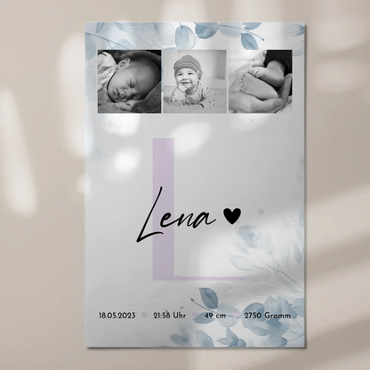 Fotoboard Magnet Poster Geburt Baby 5 Fotos Geburtsdaten Black and White