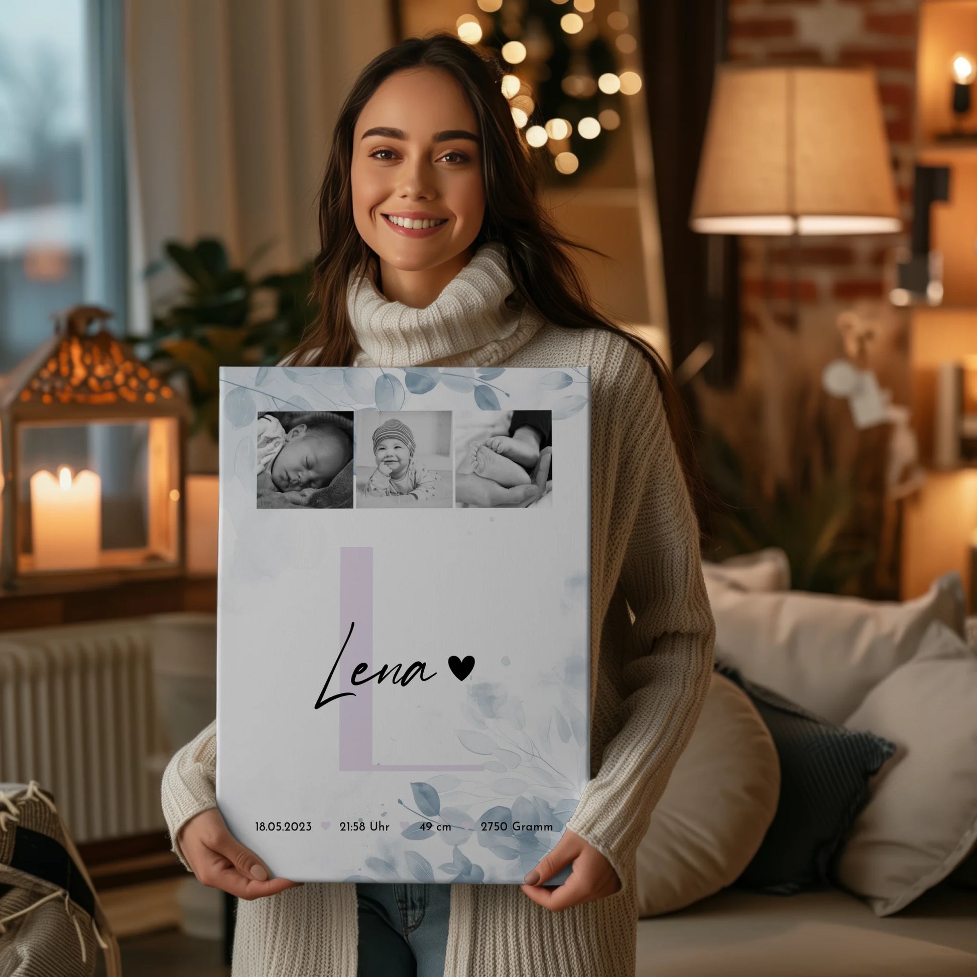 Leinwand Personalisiert zur Geburt Baby 5 Fotos Geburtsdaten Black White 2