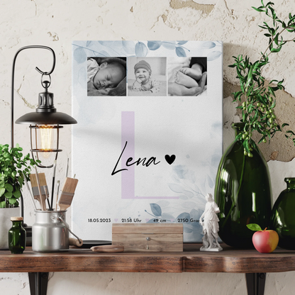 Leinwand Personalisiert zur Geburt Baby 5 Fotos Geburtsdaten Black White 3