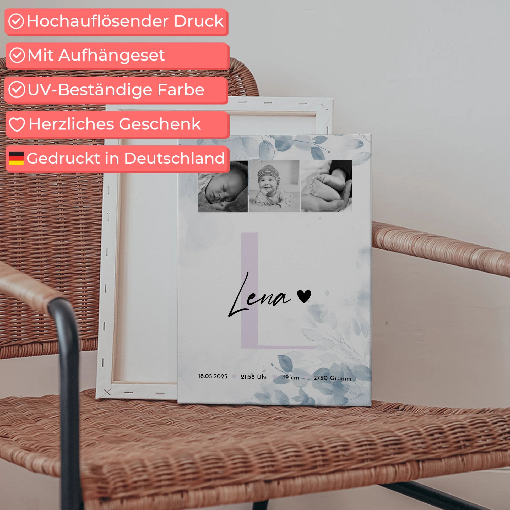 Leinwand Personalisiert zur Geburt Baby 5 Fotos Geburtsdaten Black White 5