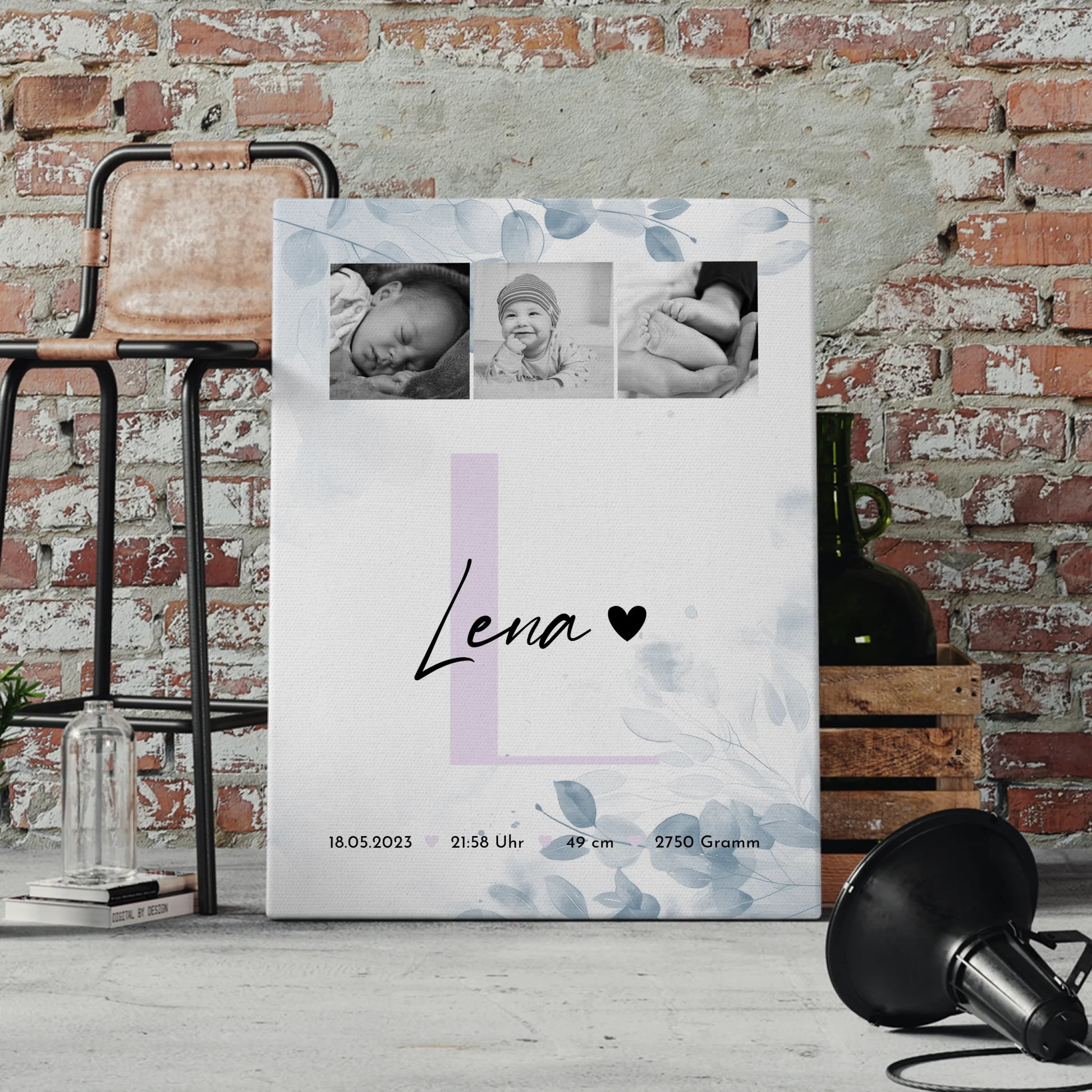 Leinwand Personalisiert zur Geburt Baby 5 Fotos Geburtsdaten Black White 4