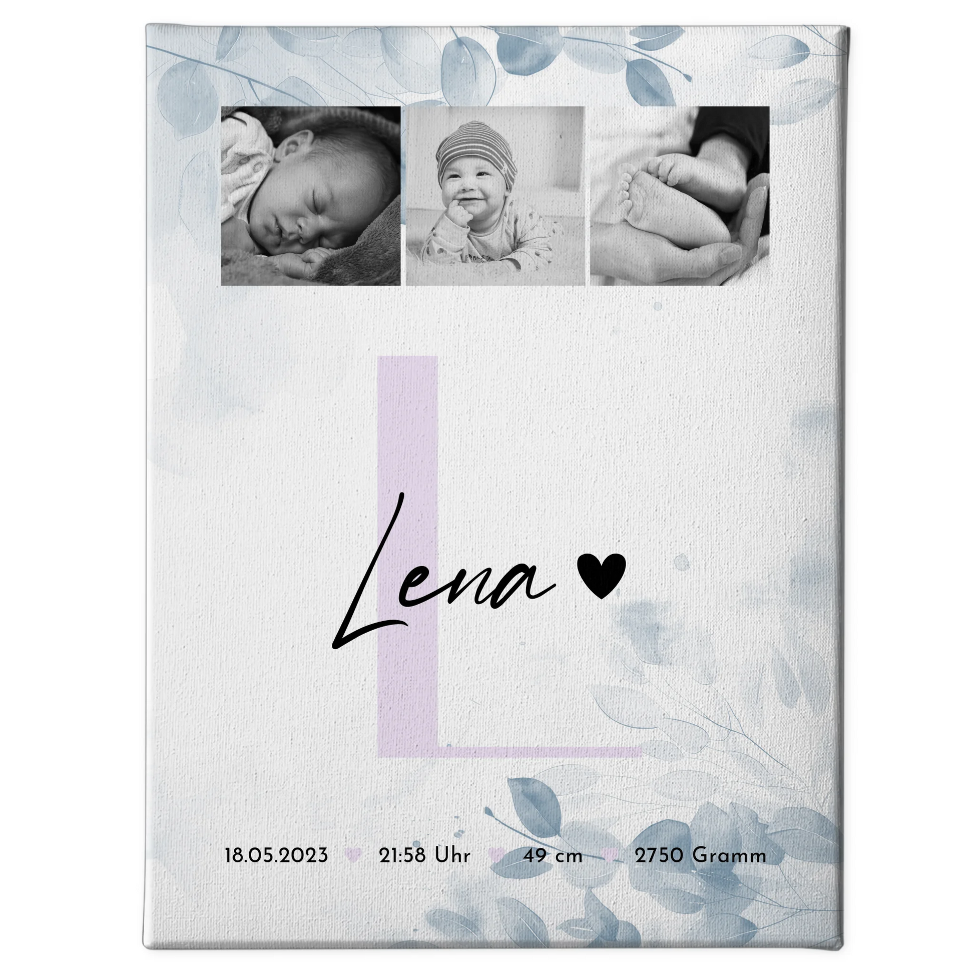 Leinwand Personalisiert zur Geburt Baby 5 Fotos Geburtsdaten Black White 1